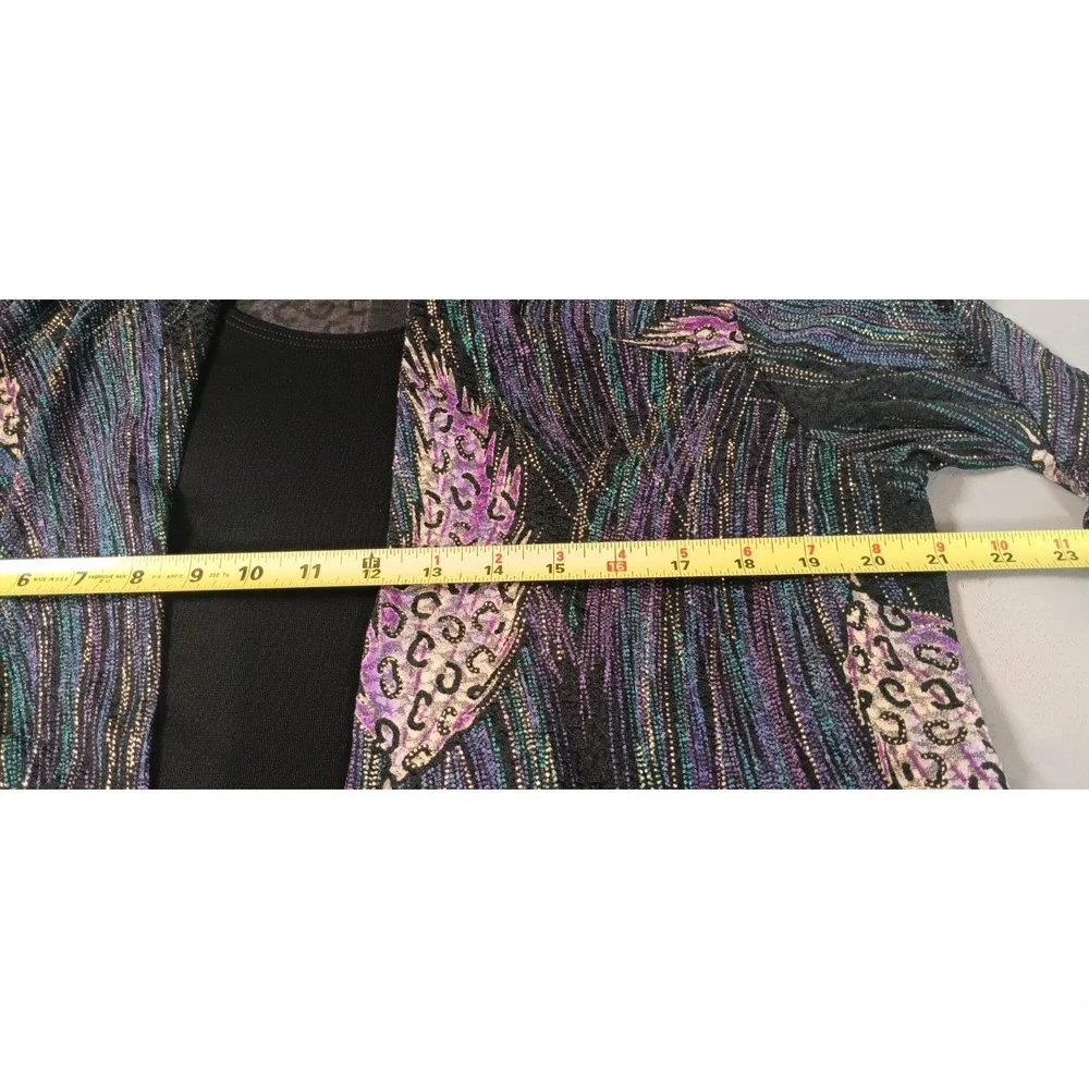 Womens Cardigan Built in L purple gold bold mob wife retro 80s feathers glitter
